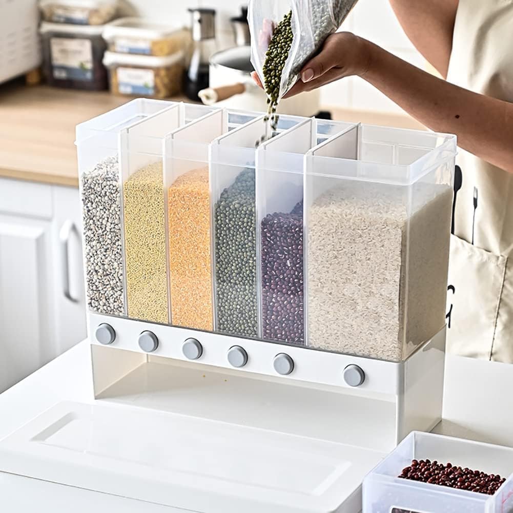 6 in 1 Wall Mounted Plastic Rice Dispenser 10kg Food Bucket Transparent Rice Grain Storage Container Dry Food Fruit Cereal Storage Box Tank for Home Kitchen, White
