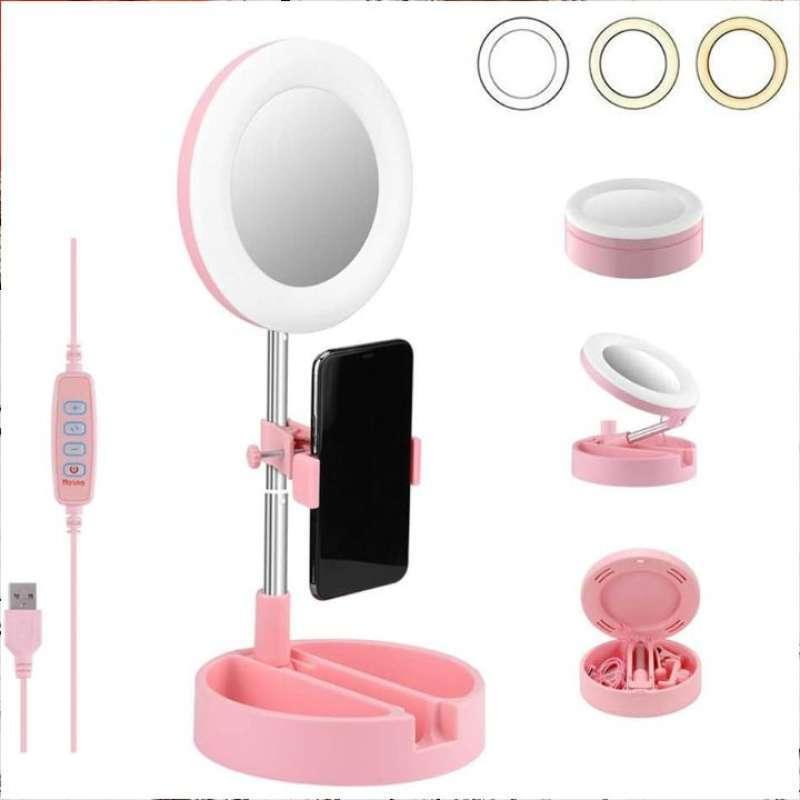 LED Makeup Mirror with Phone Holder – Pink Vanity Mirror & Selfie Ring Light for Beauty & Videos