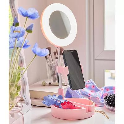 LED Makeup Mirror with Phone Holder – Pink Vanity Mirror & Selfie Ring Light for Beauty & Videos