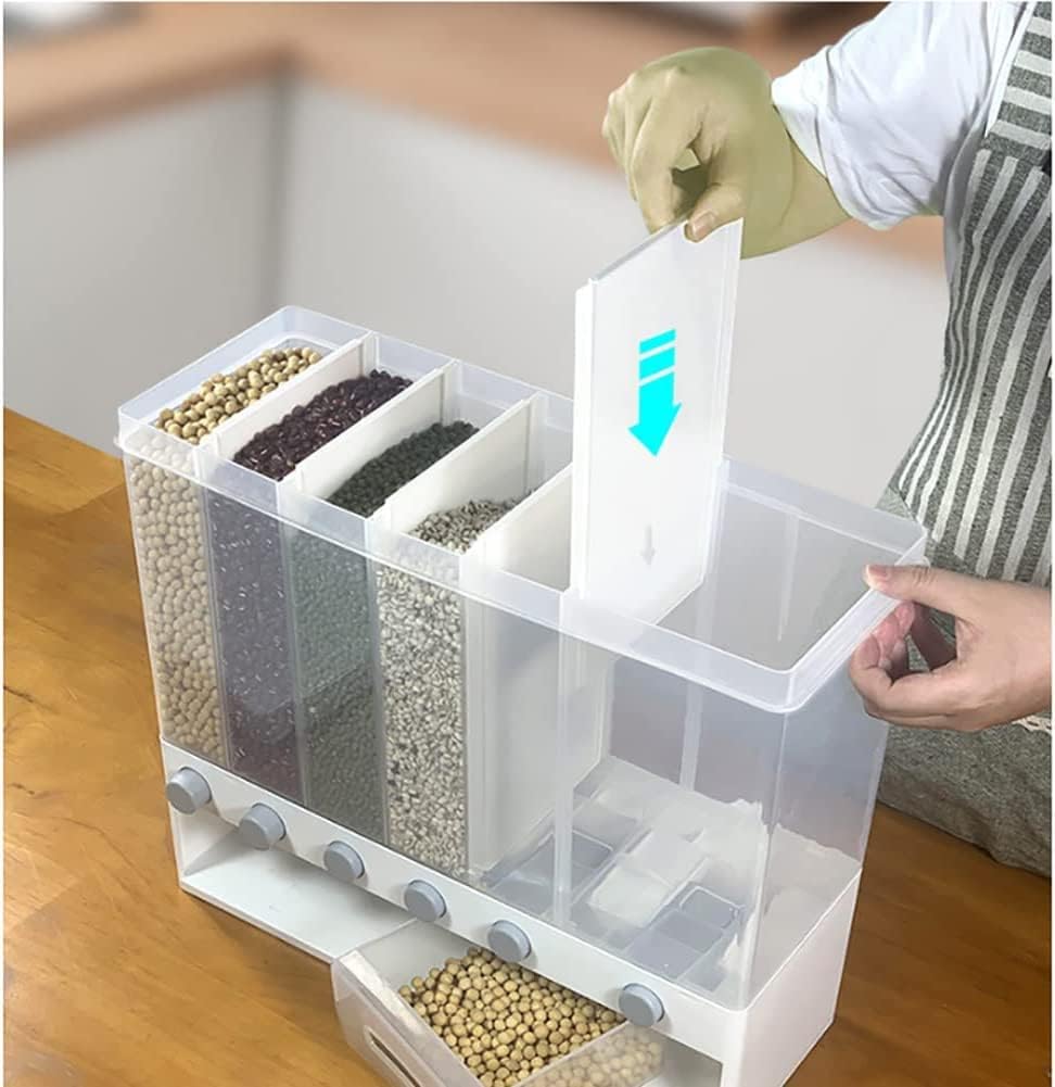 6 in 1 Wall Mounted Plastic Rice Dispenser 10kg Food Bucket Transparent Rice Grain Storage Container Dry Food Fruit Cereal Storage Box Tank for Home Kitchen, White