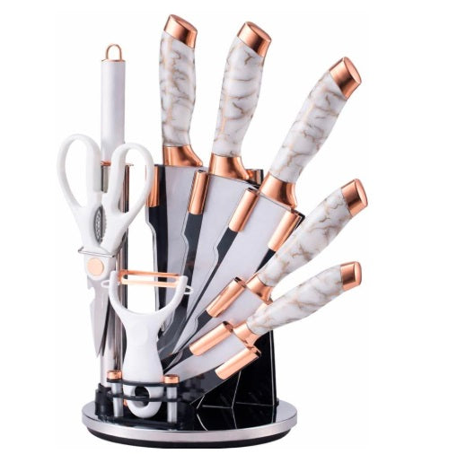 DIEO 9-Piece Kitchen Knife Set with Rotating Stand – Stainless Steel Knives, Sharpener, Peeler & Scissors