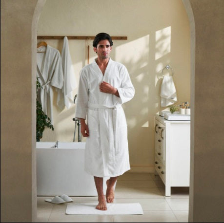 Men's 100% Cotton Terry Bathrobe – Soft Absorbent Robe with Belt & Pockets