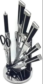 DIEO 9-Piece Kitchen Knife Set with Rotating Stand – Stainless Steel Knives, Sharpener, Peeler & Scissors