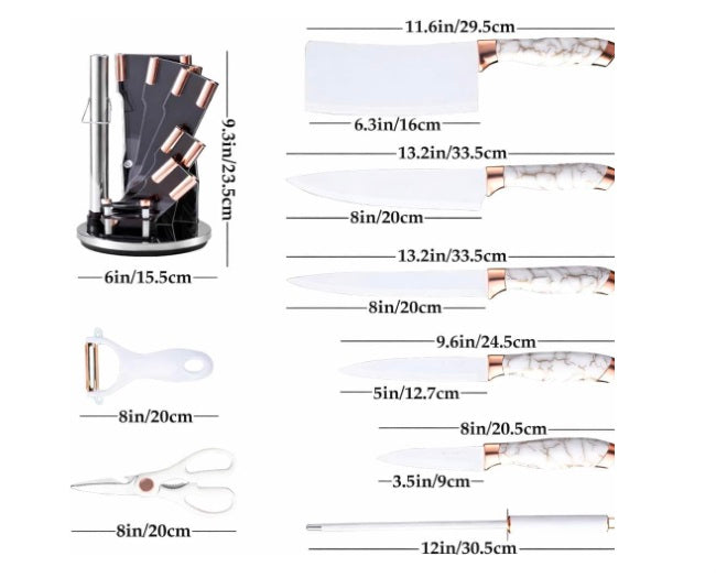 DIEO 9-Piece Kitchen Knife Set with Rotating Stand – Stainless Steel Knives, Sharpener, Peeler & Scissors