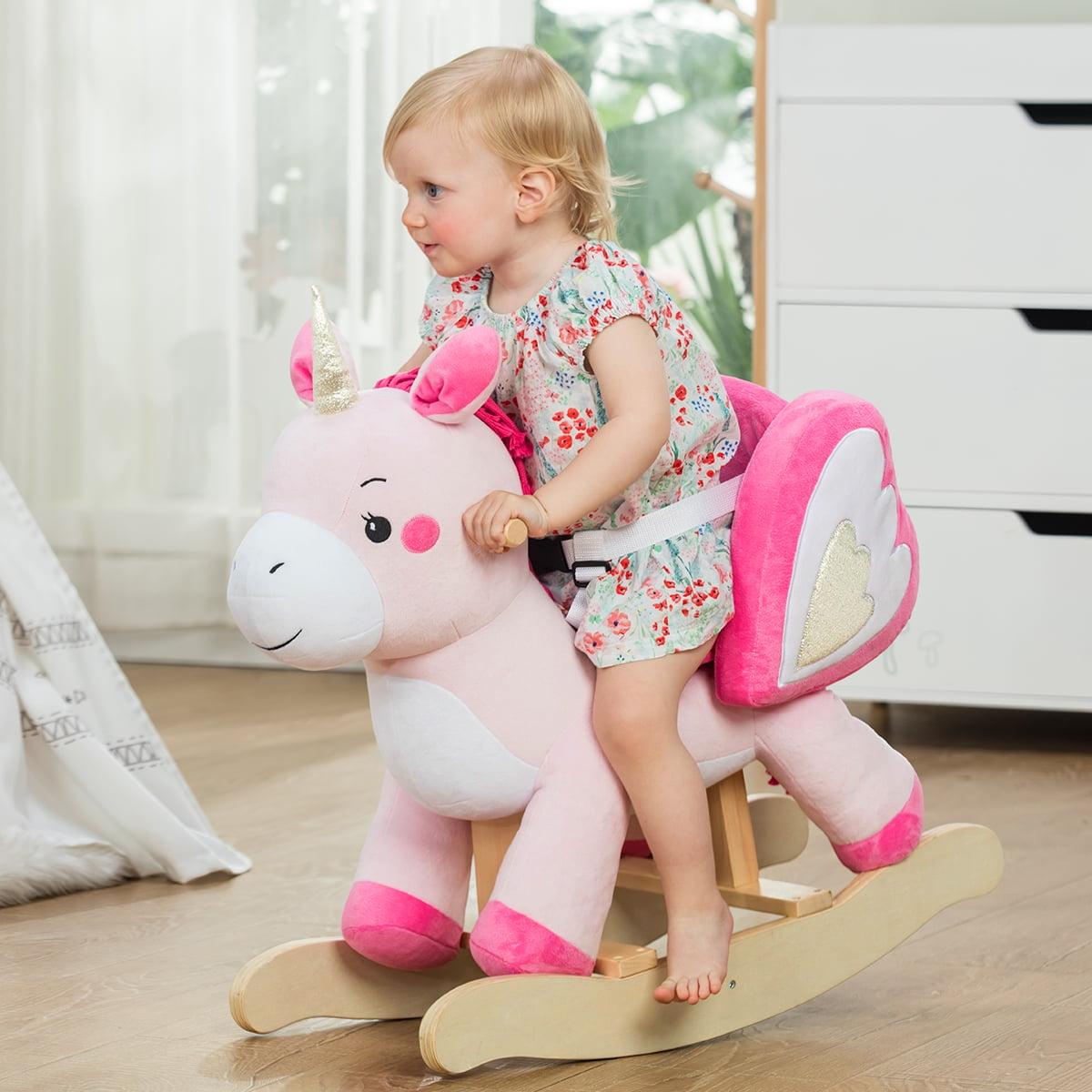 Baybee Wooden Rocking Horse for Kids – Pink Plush Ride-On Horse with Stable Rocker Base