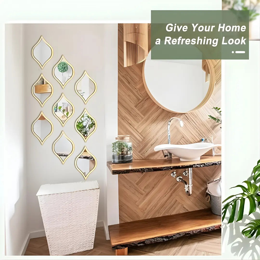 Leaf Shape Acrylic Mirror Decals Gold Trim Modern Decor UAE