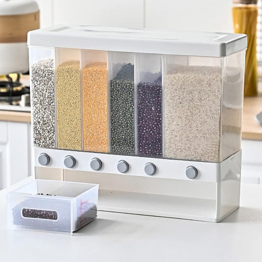 6 in 1 Wall Mounted Plastic Rice Dispenser 10kg Food Bucket Transparent Rice Grain Storage Container Dry Food Fruit Cereal Storage Box Tank for Home Kitchen, White