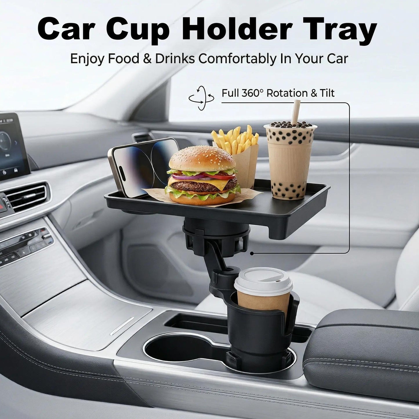 360° Rotating Adjustable Car Cup Holder with Storage Tray