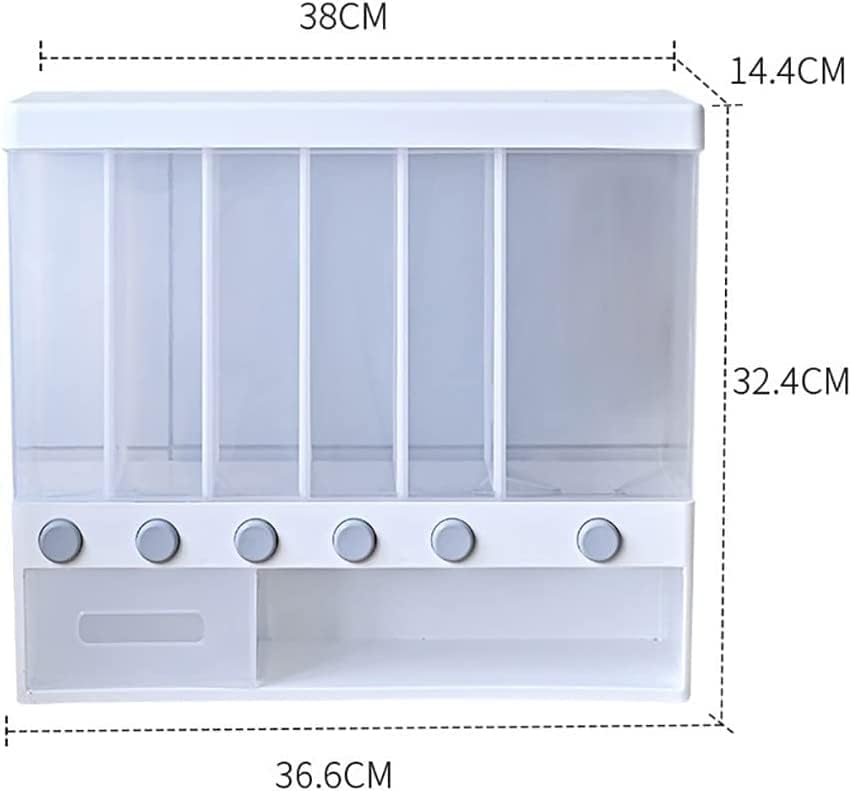 6 in 1 Wall Mounted Plastic Rice Dispenser 10kg Food Bucket Transparent Rice Grain Storage Container Dry Food Fruit Cereal Storage Box Tank for Home Kitchen, White