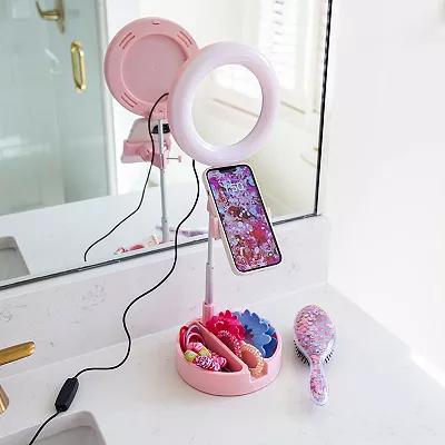 LED Makeup Mirror with Phone Holder – Pink Vanity Mirror & Selfie Ring Light for Beauty & Videos