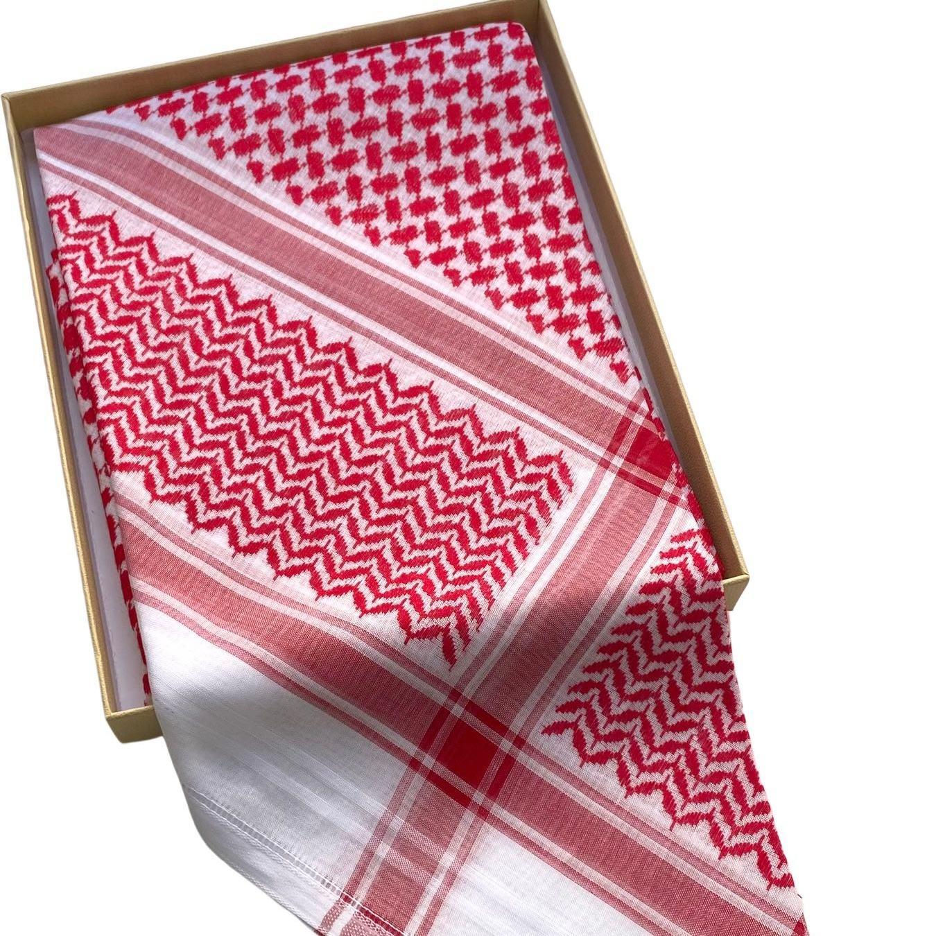 Red & White Arab Shemagh for Men – Traditional Keffiyeh Head Scarf with Fringed Edges