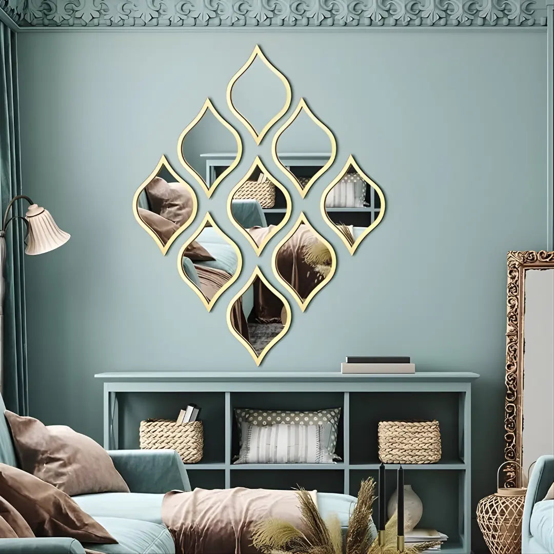 Leaf Shape Acrylic Mirror Decals Gold Trim Modern Decor UAE