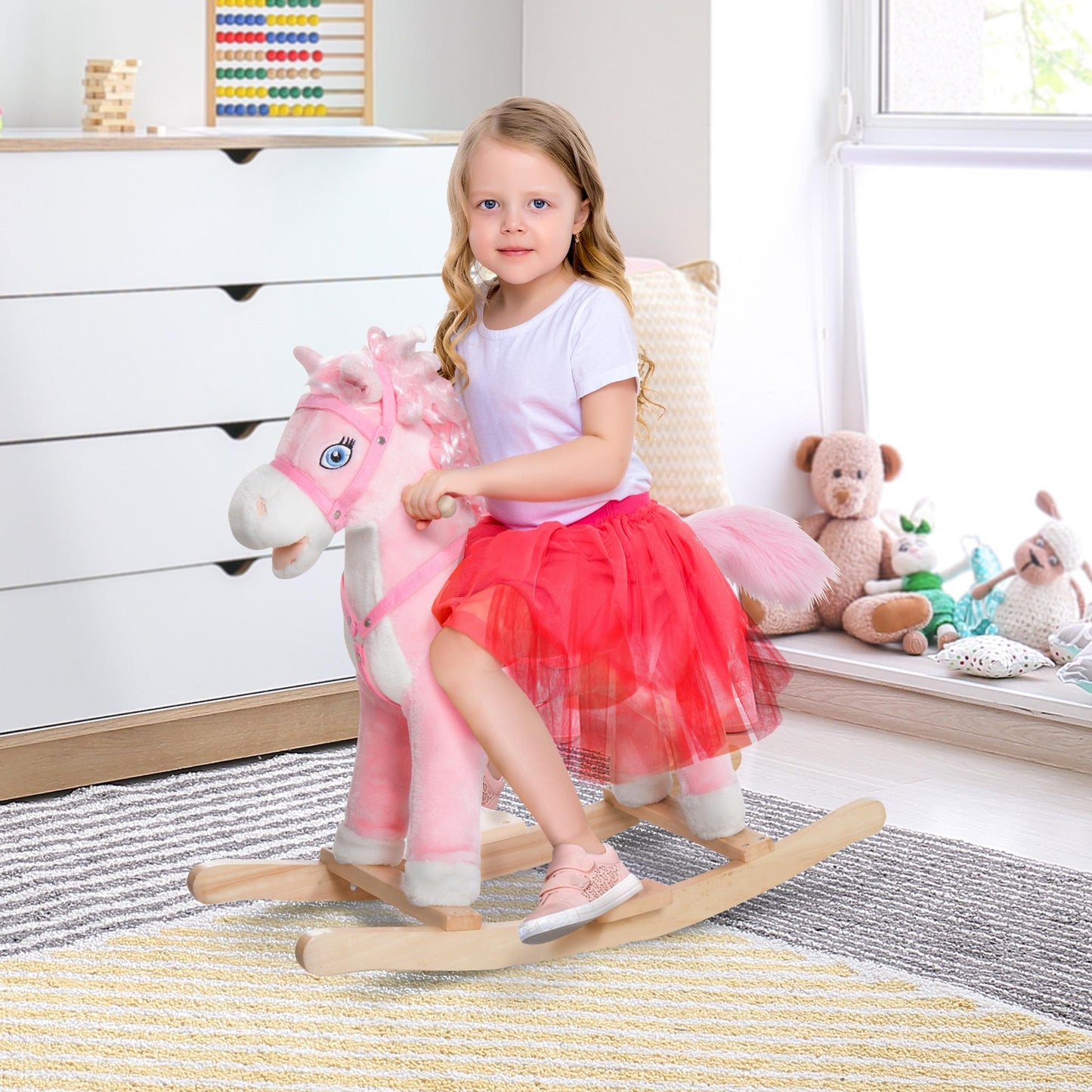 Baybee Wooden Rocking Horse for Kids – Pink Plush Ride-On Horse with Stable Rocker Base