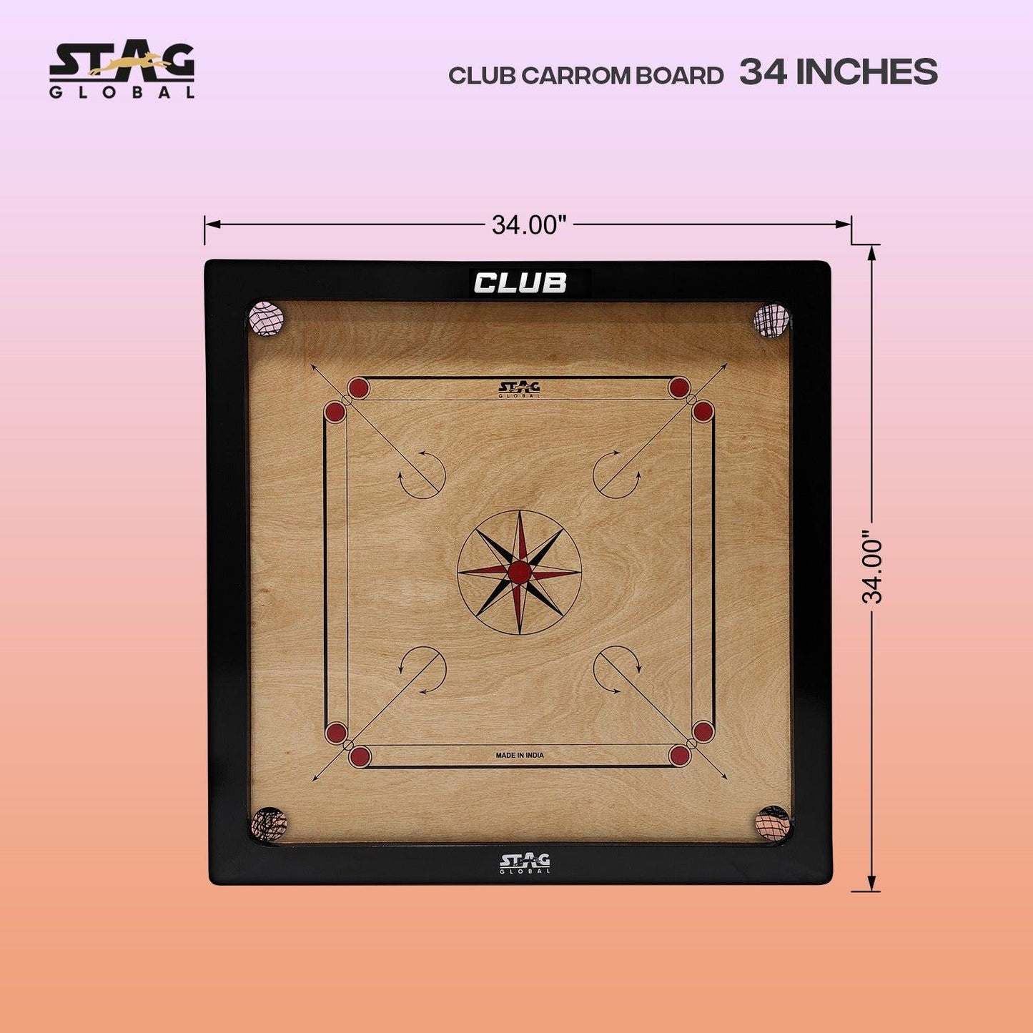 34 × 34 Inch Carrom Board – Wooden Family Indoor Board Game for 2–4 Players