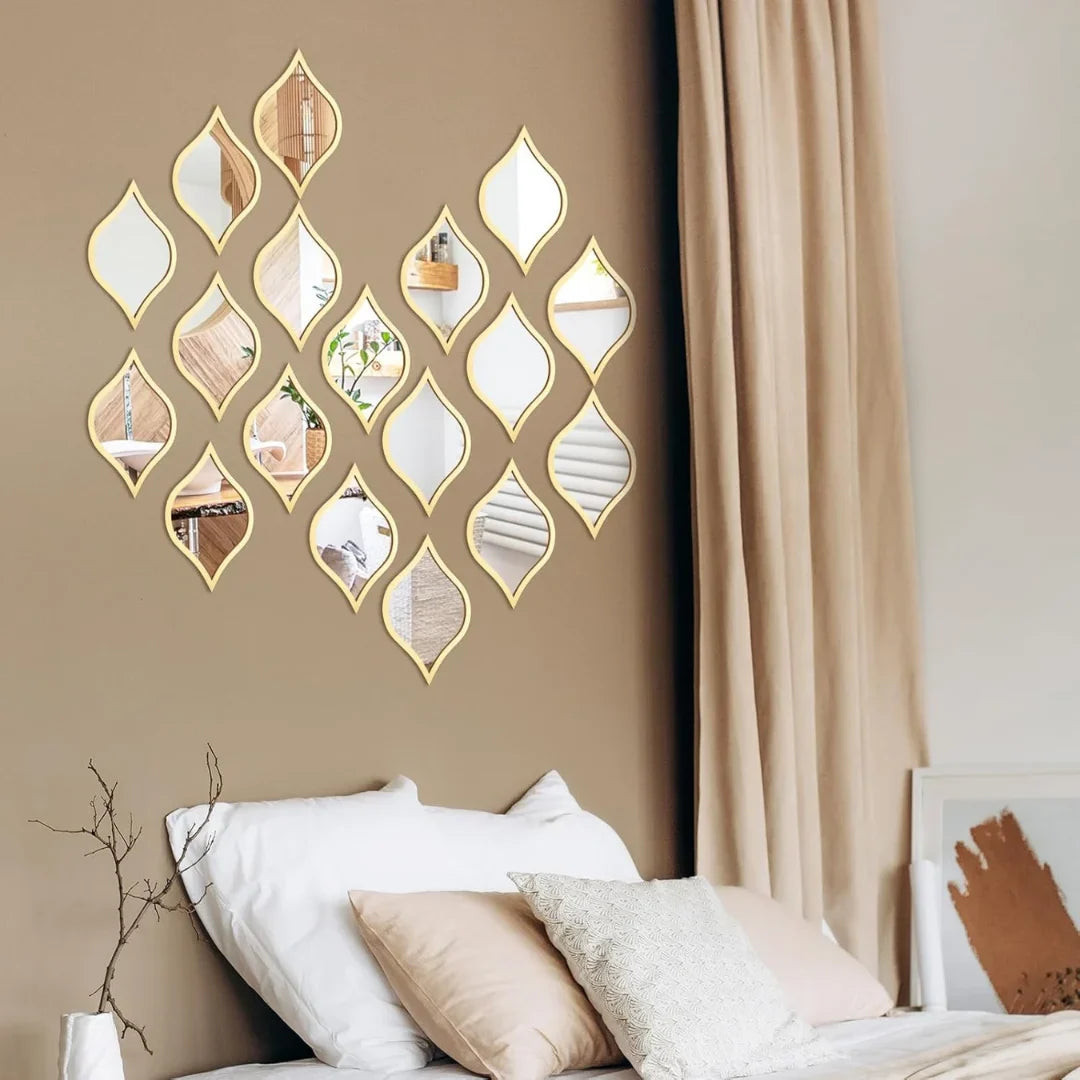 Leaf Shape Acrylic Mirror Decals Gold Trim Modern Decor UAE