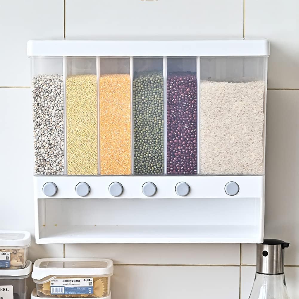 6 in 1 Wall Mounted Plastic Rice Dispenser 10kg Food Bucket Transparent Rice Grain Storage Container Dry Food Fruit Cereal Storage Box Tank for Home Kitchen, White