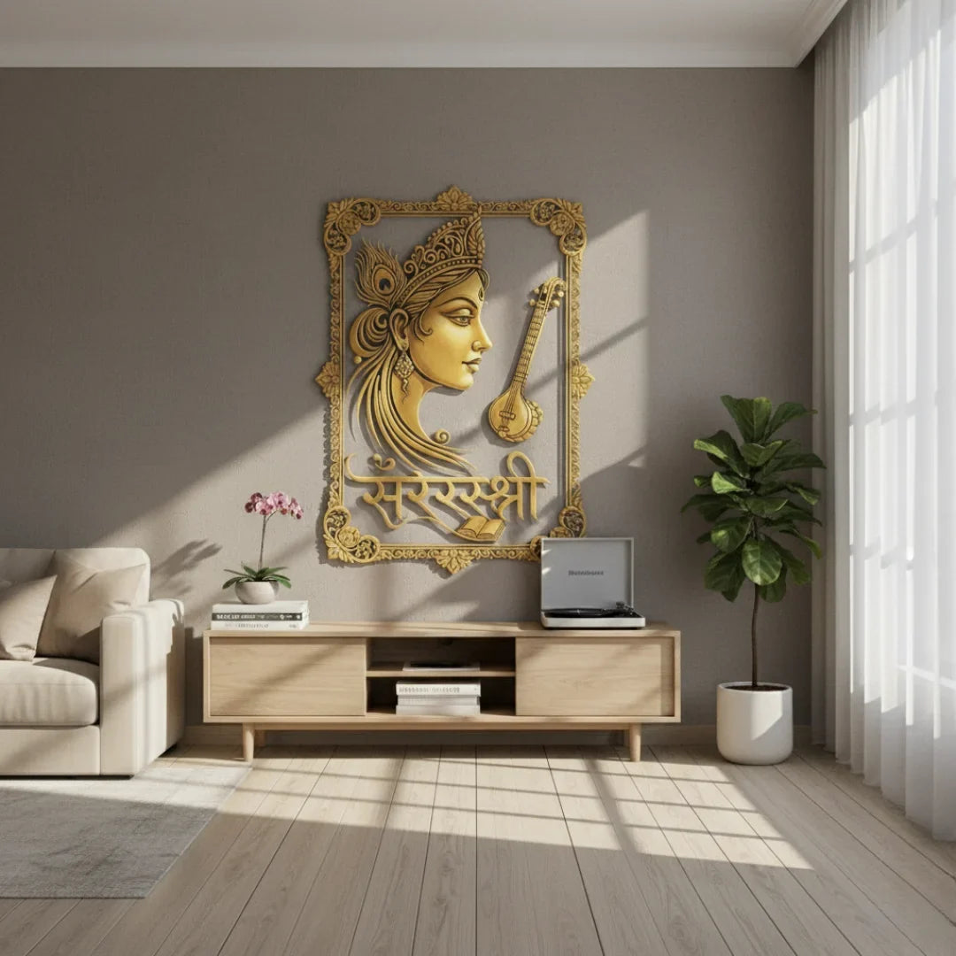 Goddess Saraswati Portrait Calligraphy Acrylic Art - Wisdom & Creativity