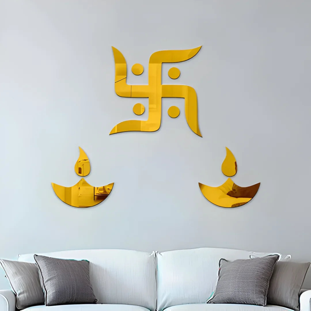 Golden Swastika and Diya Acrylic Wall Art