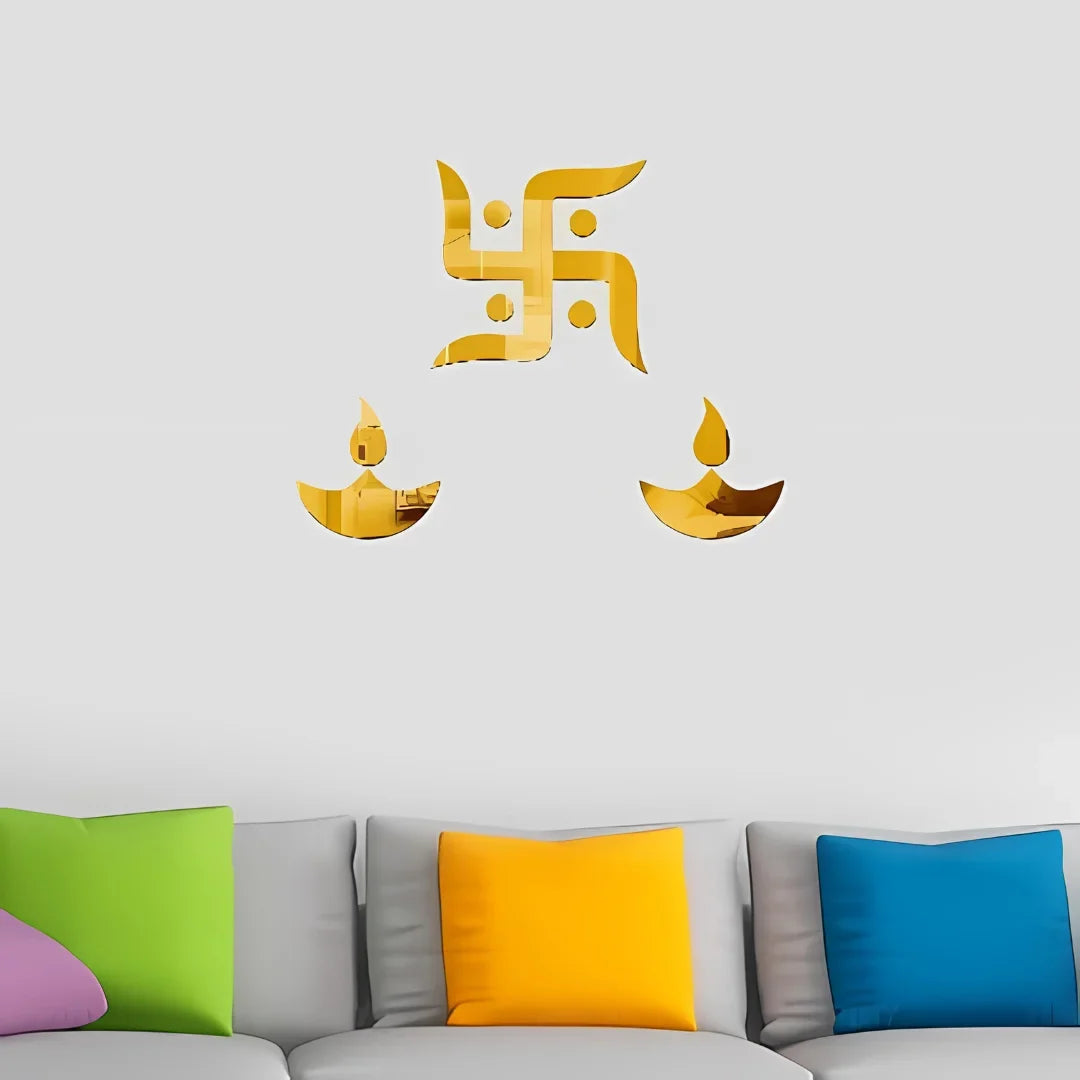 Golden Swastika and Diya Acrylic Wall Art
