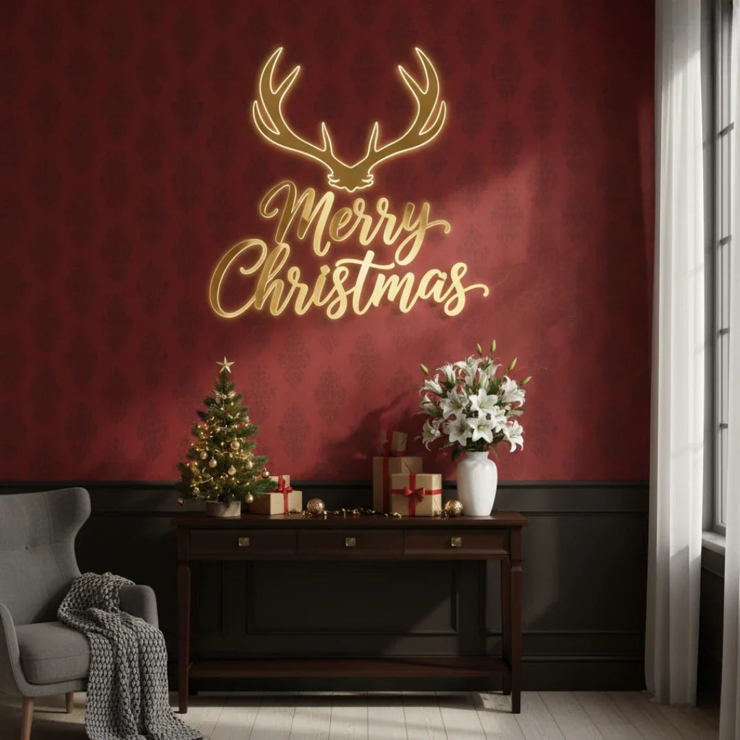 "Merry Christmas" Antlers Calligraphy Acrylic Wall Art | Modern Rustic Holiday Decor