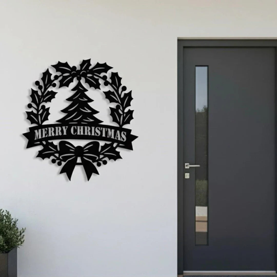 "Merry Christmas" Holly Wreath & Tree Acrylic Wall Art | Festive Decor