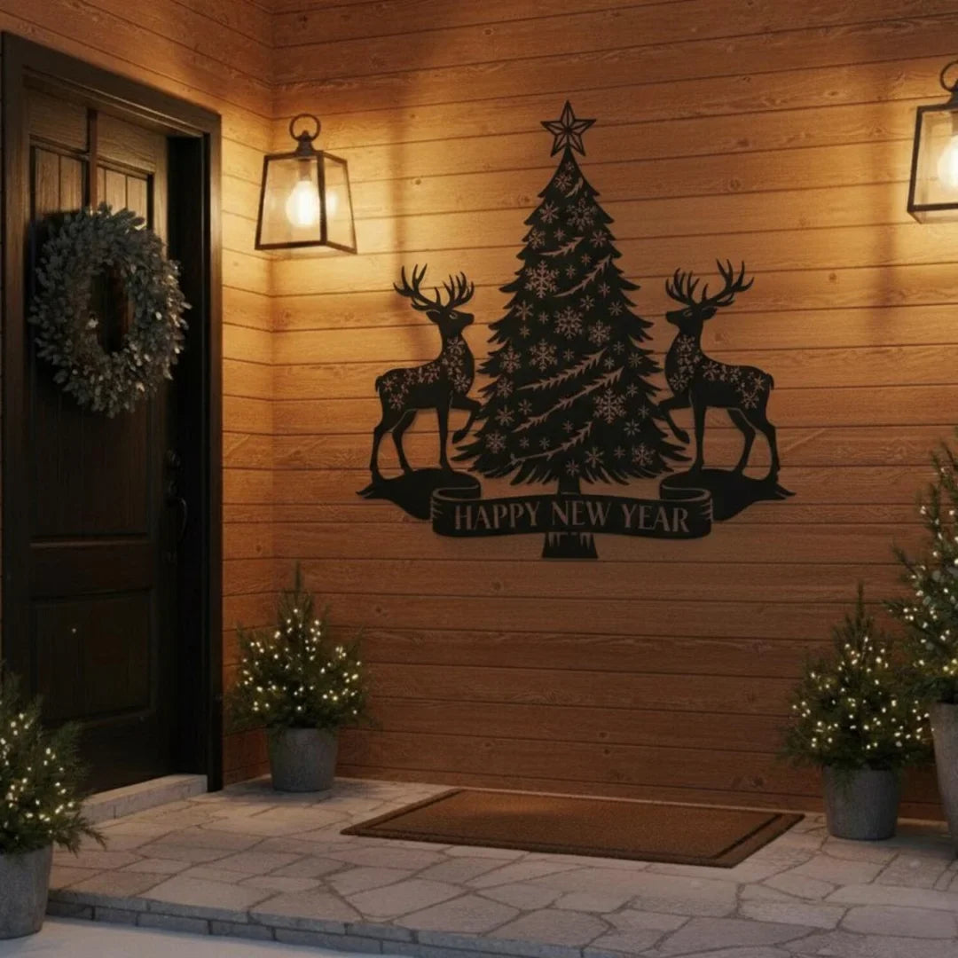 Acrylic Deer & Snowflake Christmas Tree "Happy New Year" Wall Art