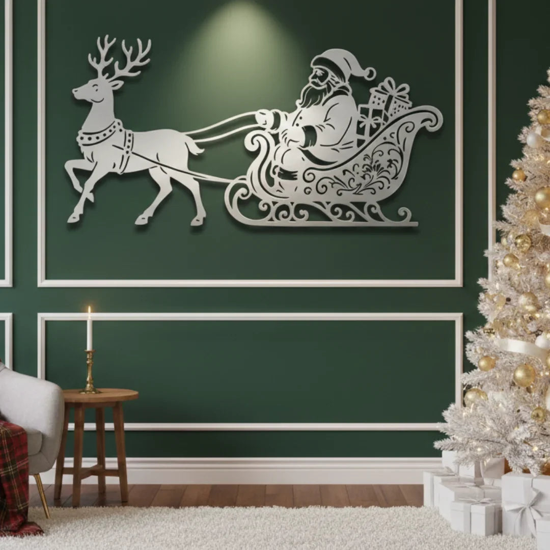 Acrylic Santa Claus and Reindeer Sleigh Silhouette Wall Art