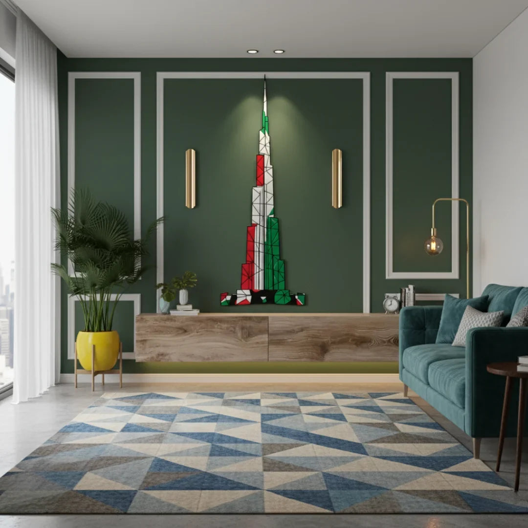 Geometric Burj Khalifa UAE Flag Acrylic Wall Art - Office Decor