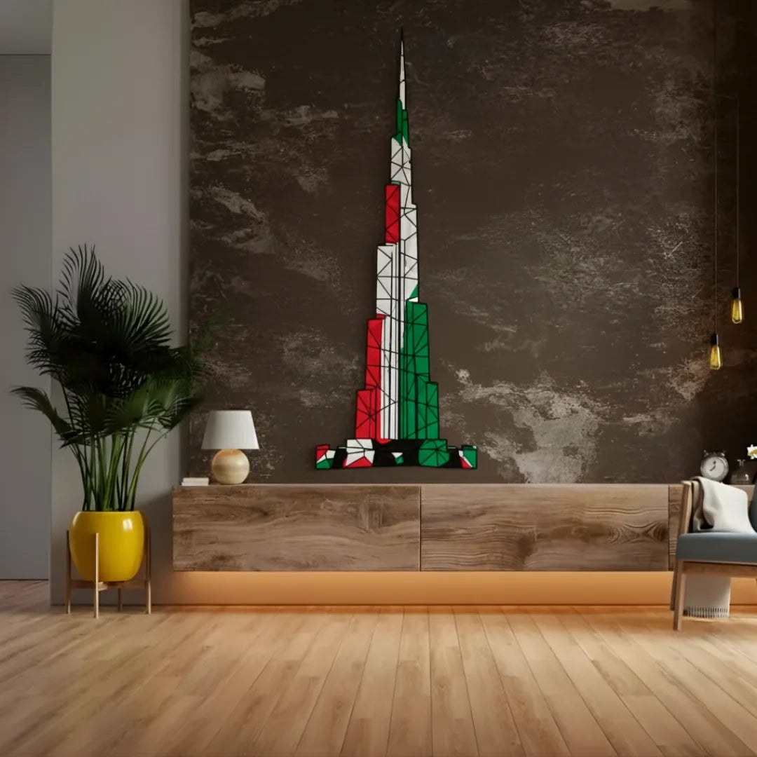 Geometric Burj Khalifa UAE Flag Acrylic Wall Art - Office Decor