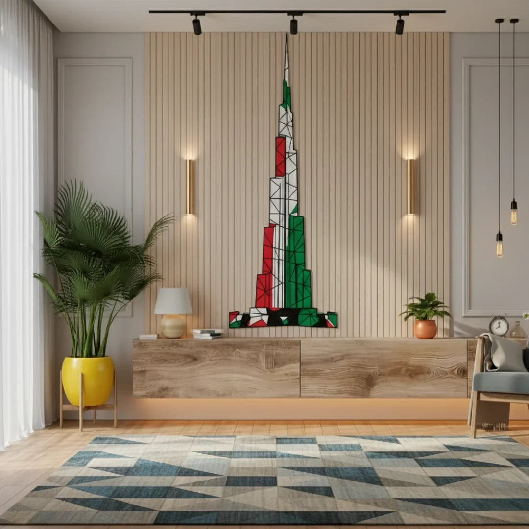 Geometric Burj Khalifa UAE Flag Acrylic Wall Art - Office Decor