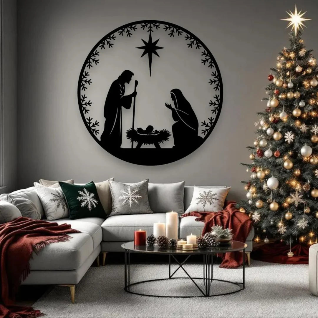 Minimalist Acrylic Round Nativity Scene Wall Art with Star & Wreath Frame