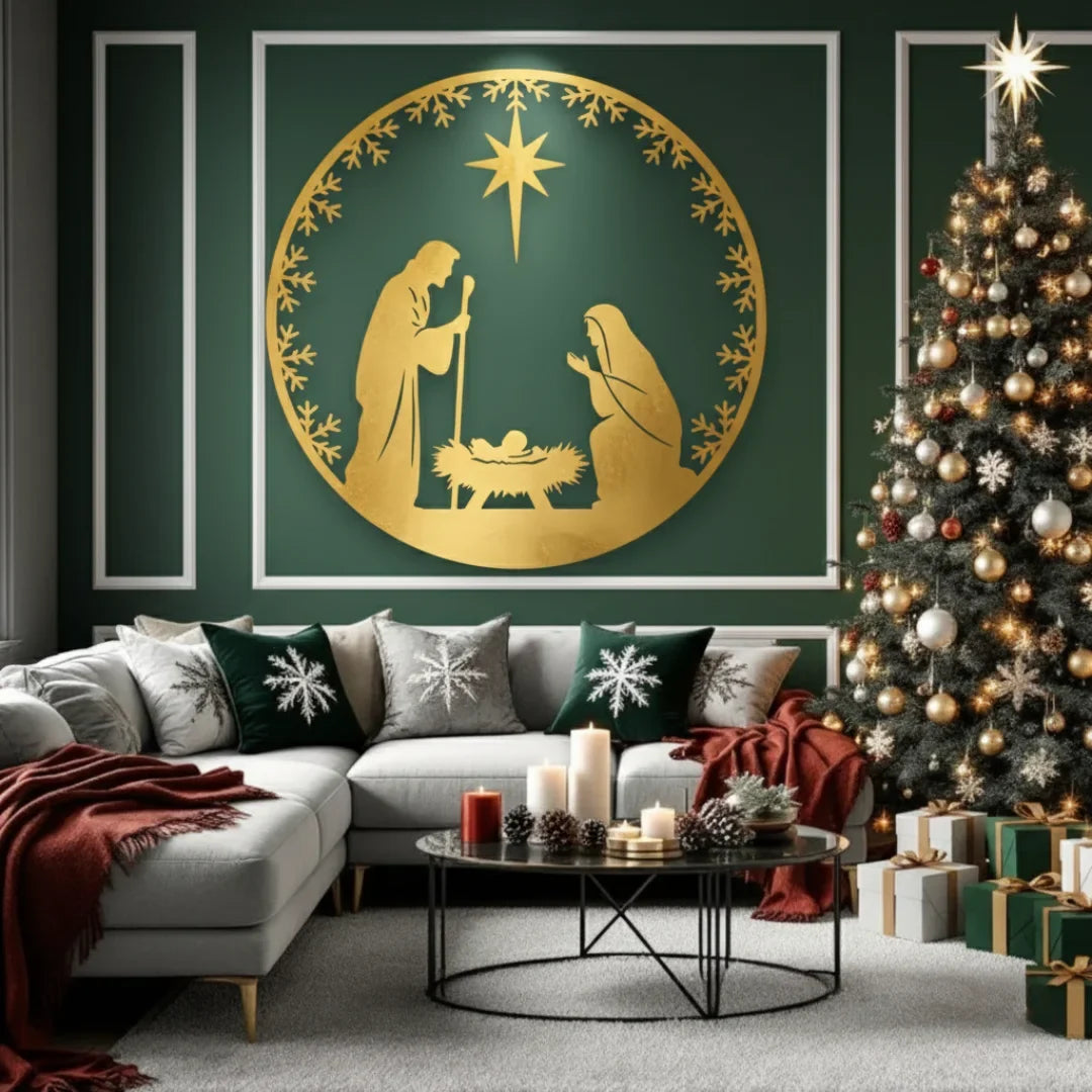 Minimalist Acrylic Round Nativity Scene Wall Art with Star & Wreath Frame