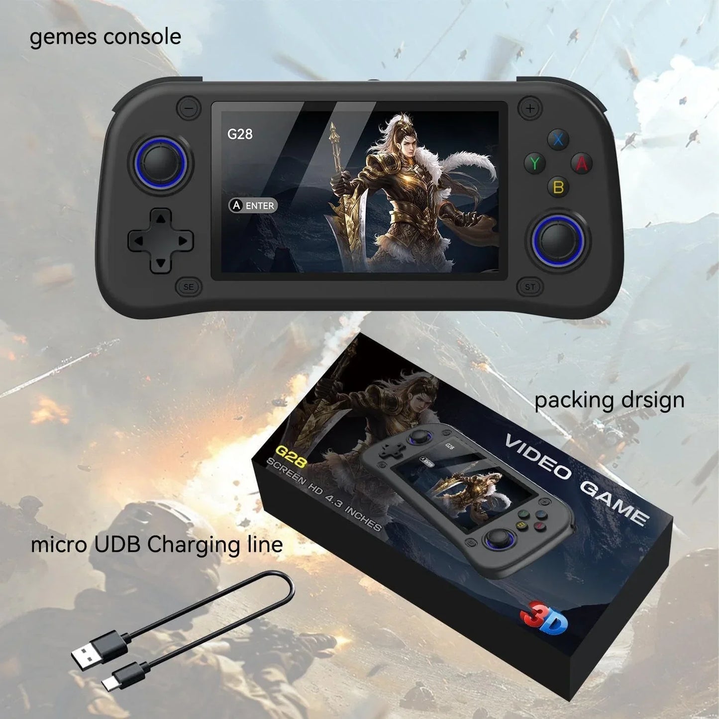 G28 Retro Handheld Game Console, 4.3-Inch HD Screen, 64GB Card, Multi-Emulator