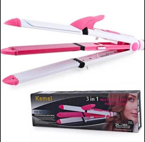 Kemei KM-1213 3-in-1 Hair Styler – Straightener, Curler & Hair Waver