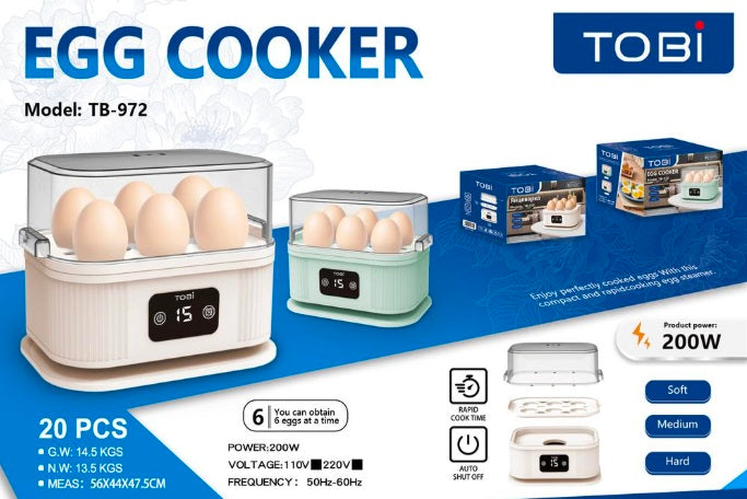 TOBI TB-972 Electric Egg Cooker – 6 Egg Capacity, 200W Digital Egg Boiler