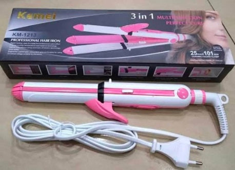 Kemei KM-1213 3-in-1 Hair Styler – Straightener, Curler & Hair Waver