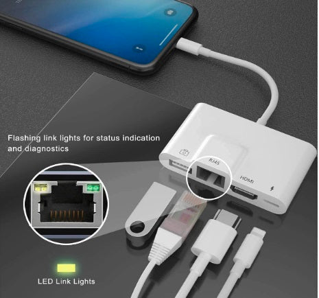 JBQ HDT-31 4-in-1 Lightning Adapter – HDMI 4K, USB 3.0, RJ45 Ethernet & Charging