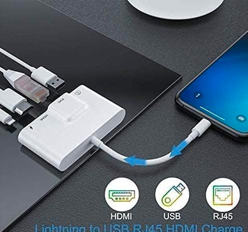 JBQ HDT-31 4-in-1 Lightning Adapter – HDMI 4K, USB 3.0, RJ45 Ethernet & Charging