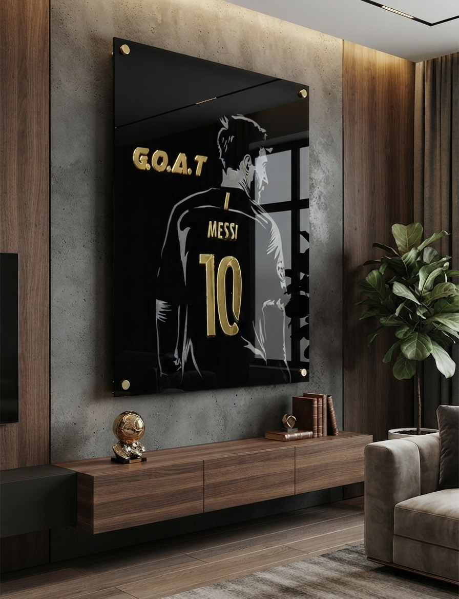 Lionel Messi GOAT Acrylic Wall Art – Premium Black & Gold Football Decor