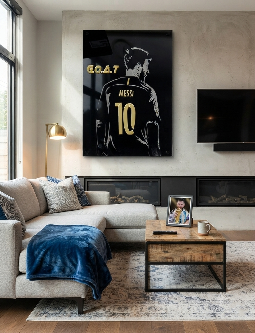 Lionel Messi GOAT Acrylic Wall Art – Premium Black & Gold Football Decor